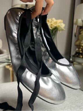 Steve Madden Silver Ballet Flats with Black Wrap Ties